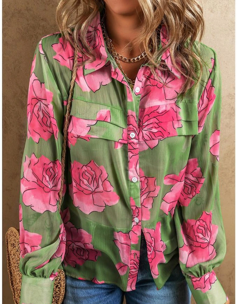 Green Floral Print Pleated Detail Puff Sleeve Shirt