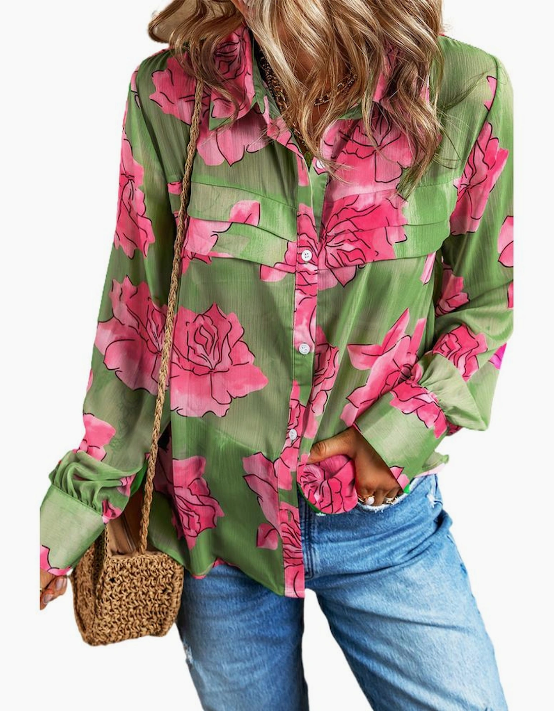 Green Floral Print Pleated Detail Puff Sleeve Shirt