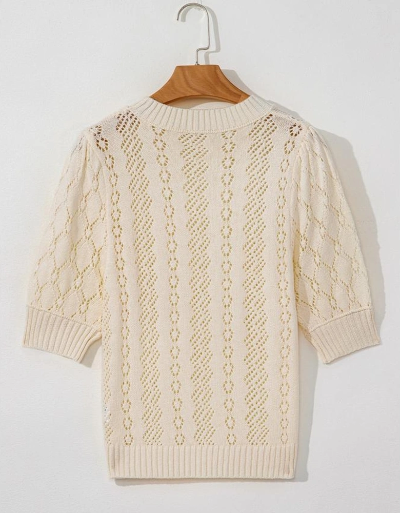 Beige Hollowed Pattern Knit Short Puff Sleeve Sweater