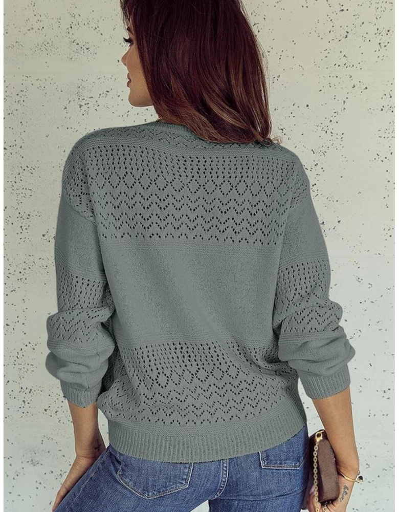 Mist Green Eyelet Pattern Detail V Neck Drop Shoulder Sweater