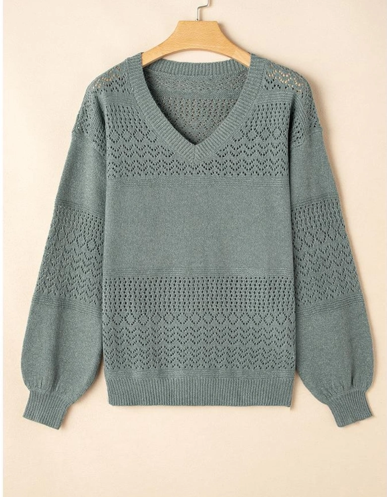 Mist Green Eyelet Pattern Detail V Neck Drop Shoulder Sweater