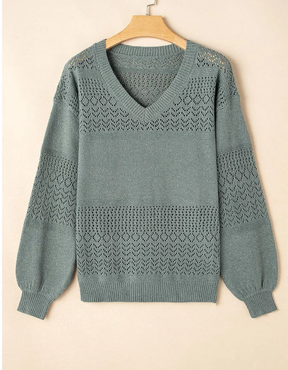Mist Green Eyelet Pattern Detail V Neck Drop Shoulder Sweater