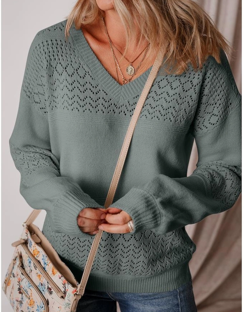 Mist Green Eyelet Pattern Detail V Neck Drop Shoulder Sweater
