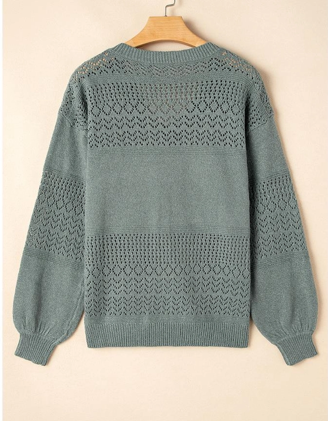 Mist Green Eyelet Pattern Detail V Neck Drop Shoulder Sweater