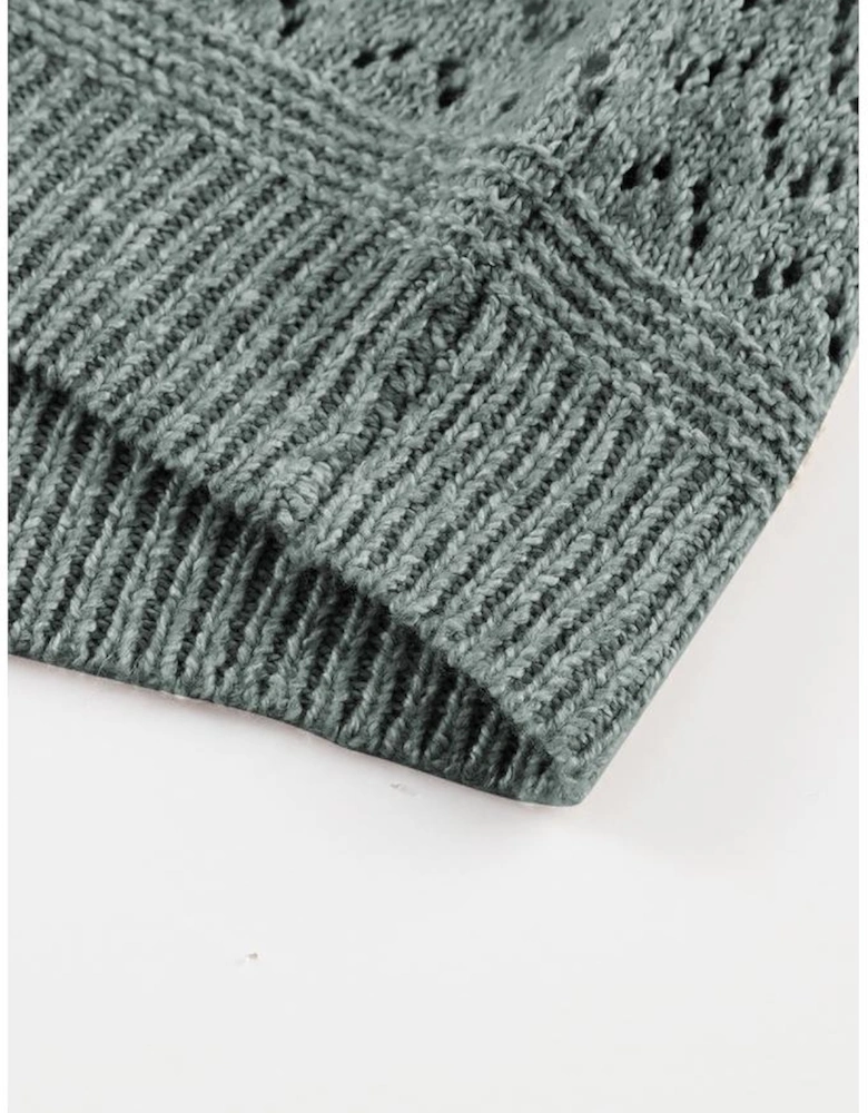 Mist Green Eyelet Pattern Detail V Neck Drop Shoulder Sweater