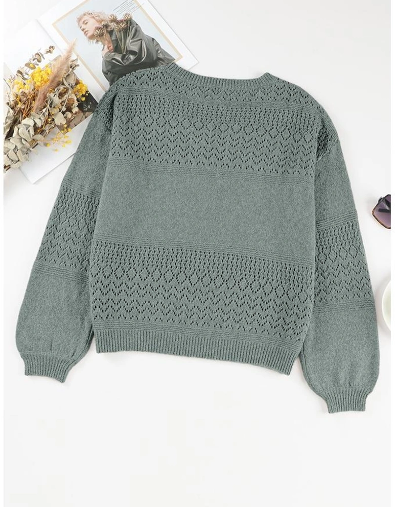 Mist Green Eyelet Pattern Detail V Neck Drop Shoulder Sweater