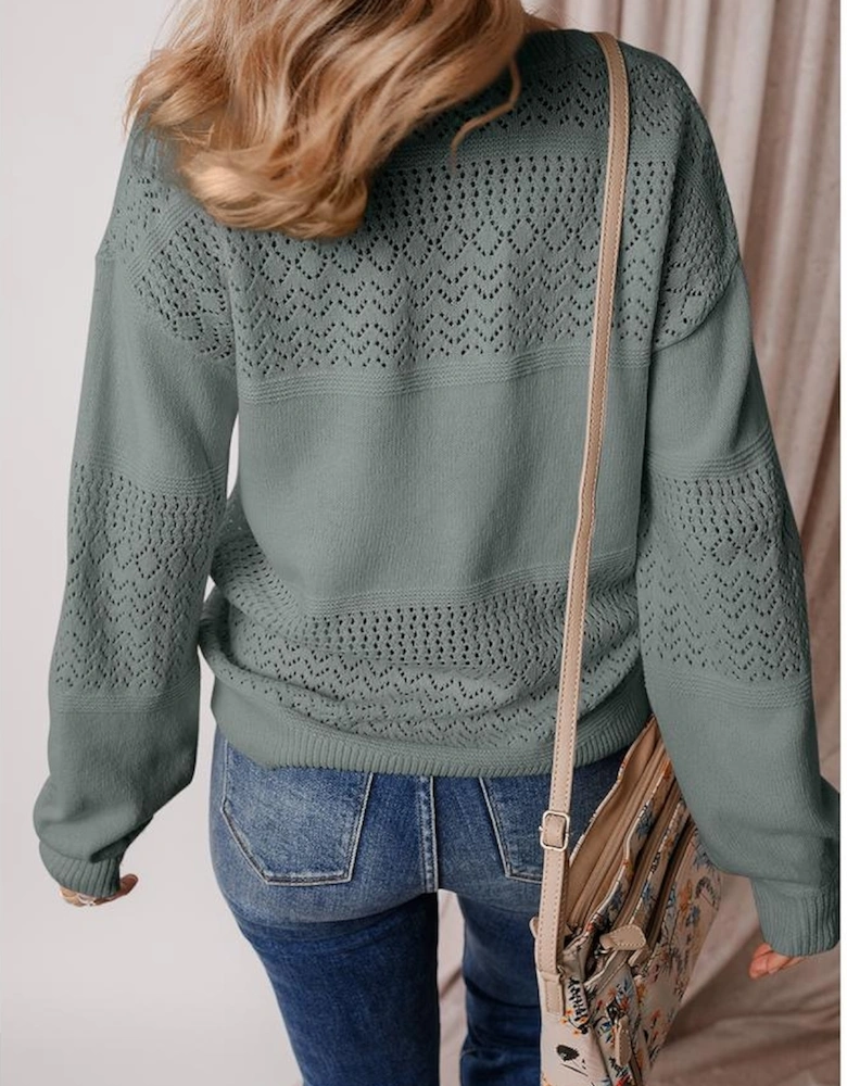 Mist Green Eyelet Pattern Detail V Neck Drop Shoulder Sweater