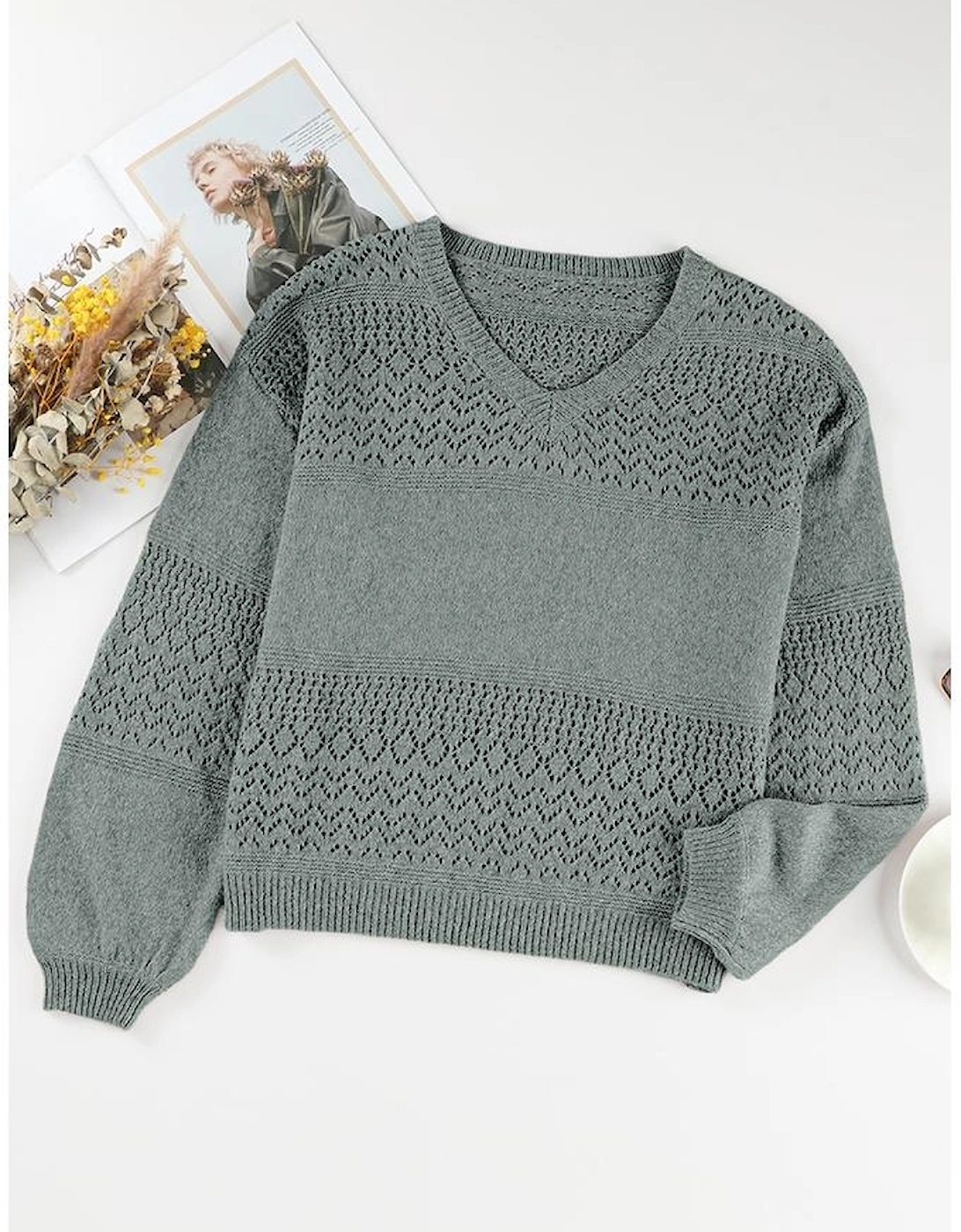 Mist Green Eyelet Pattern Detail V Neck Drop Shoulder Sweater