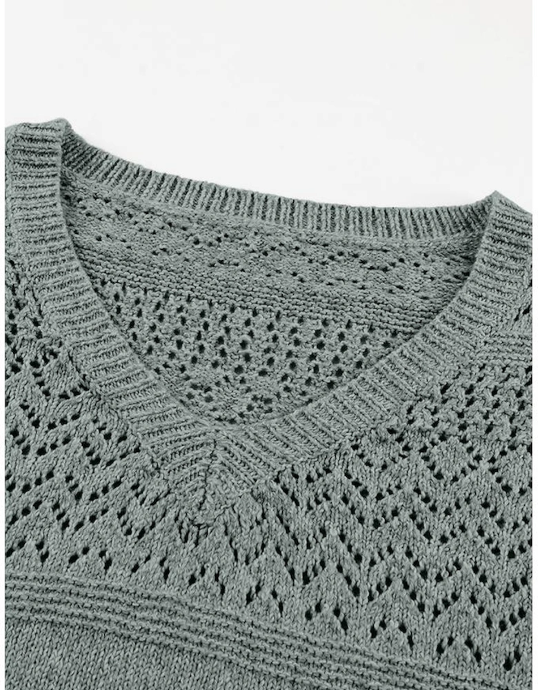 Mist Green Eyelet Pattern Detail V Neck Drop Shoulder Sweater