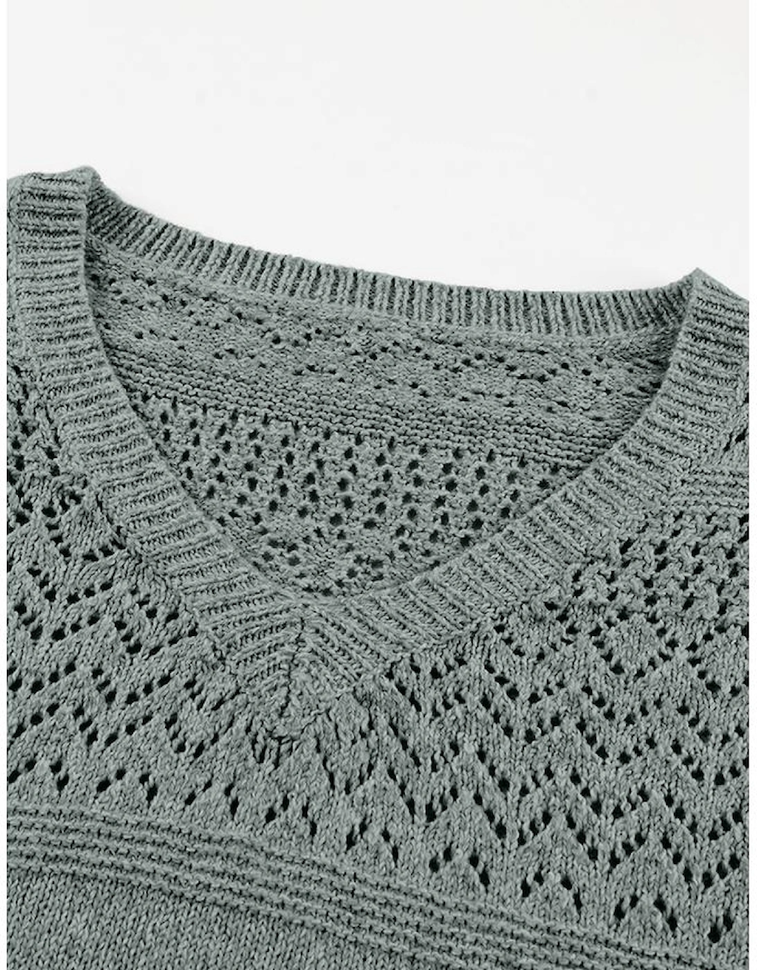 Mist Green Eyelet Pattern Detail V Neck Drop Shoulder Sweater