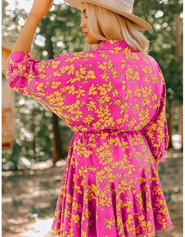 Pink Floral Print Drawstring Tunic Flowy Short Dress