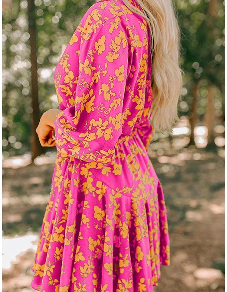 Pink Floral Print Drawstring Tunic Flowy Short Dress