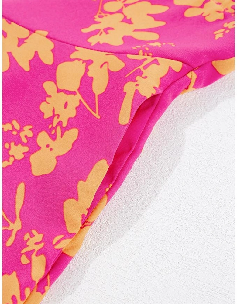 Pink Floral Print Drawstring Tunic Flowy Short Dress