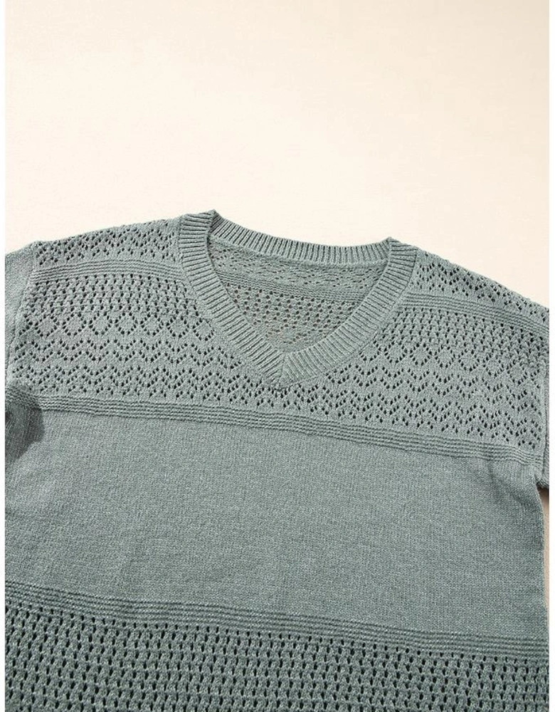 Mist Green Eyelet Pattern Detail V Neck Drop Shoulder Sweater