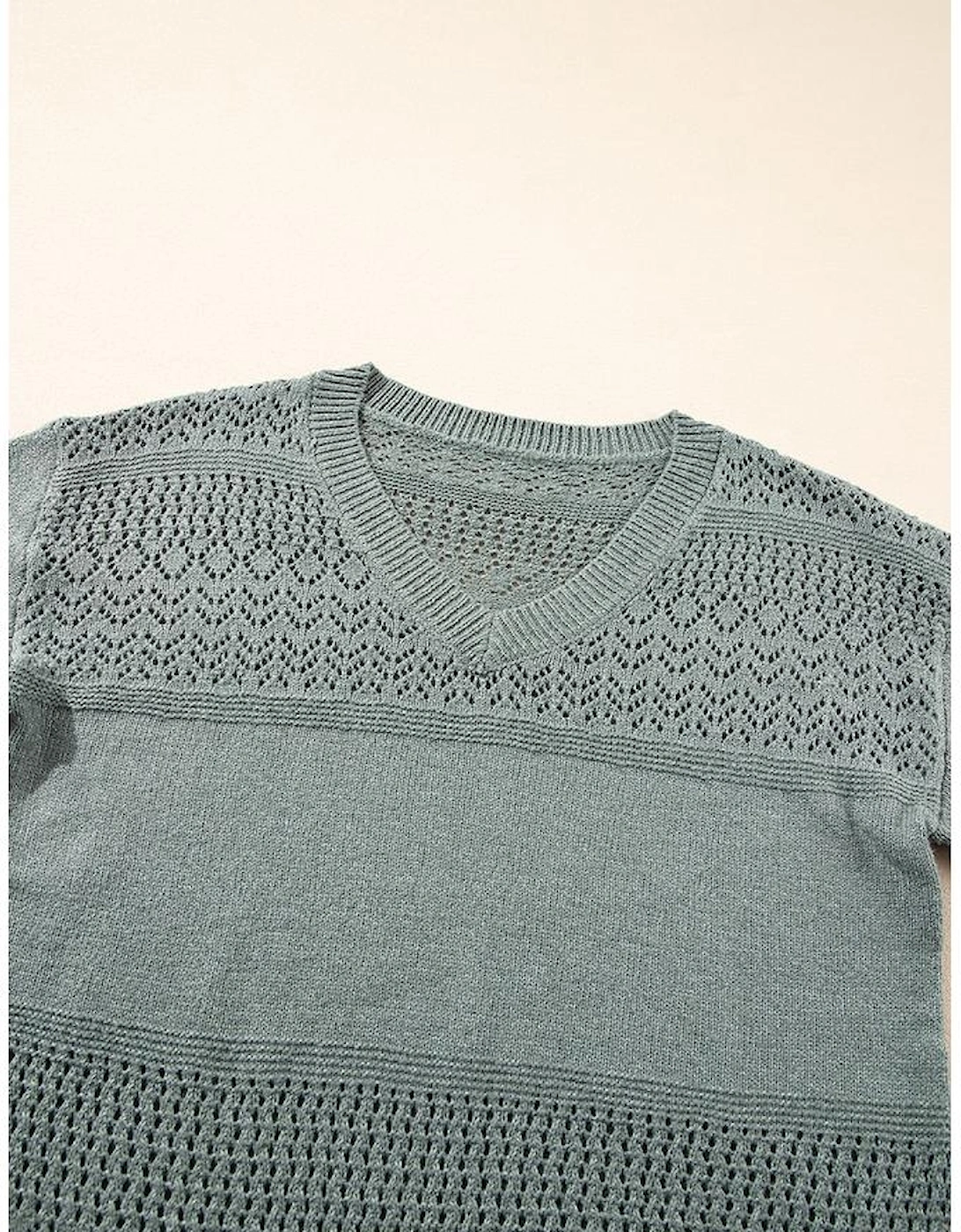 Mist Green Eyelet Pattern Detail V Neck Drop Shoulder Sweater