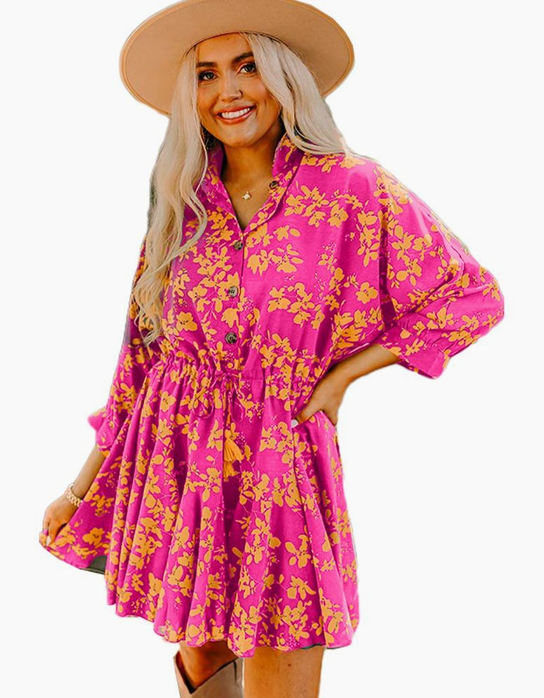 Pink Floral Print Drawstring Tunic Flowy Short Dress