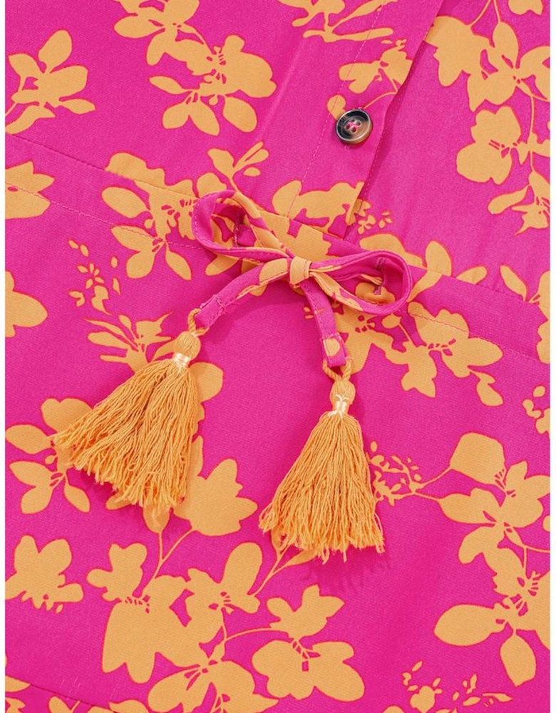 Pink Floral Print Drawstring Tunic Flowy Short Dress