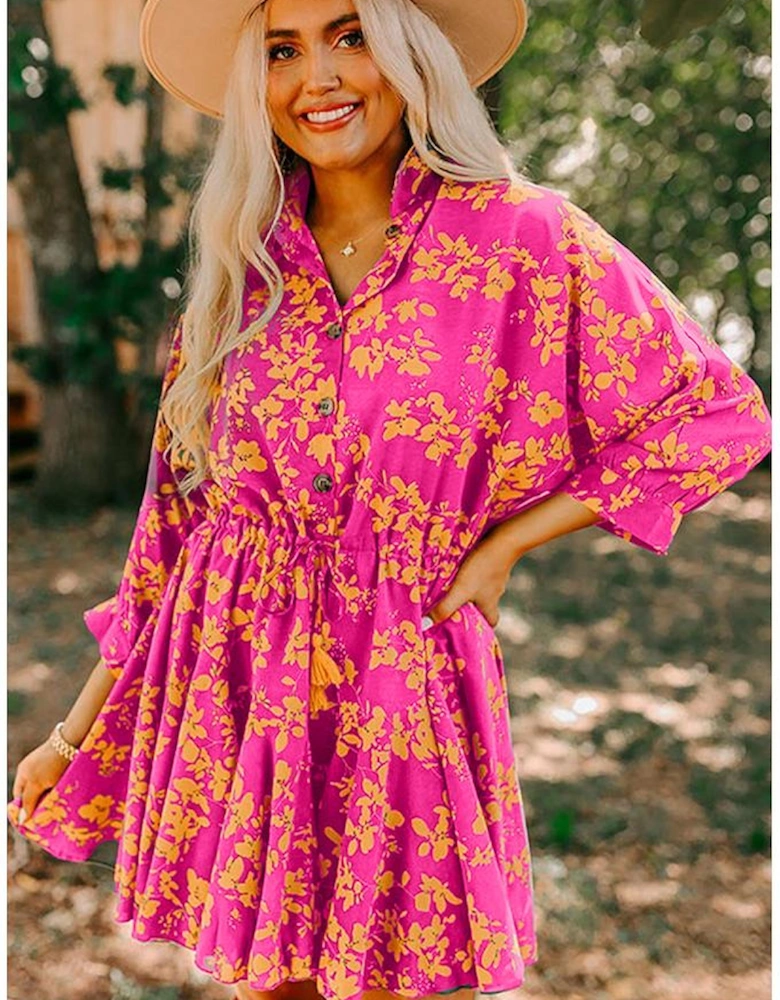 Pink Floral Print Drawstring Tunic Flowy Short Dress