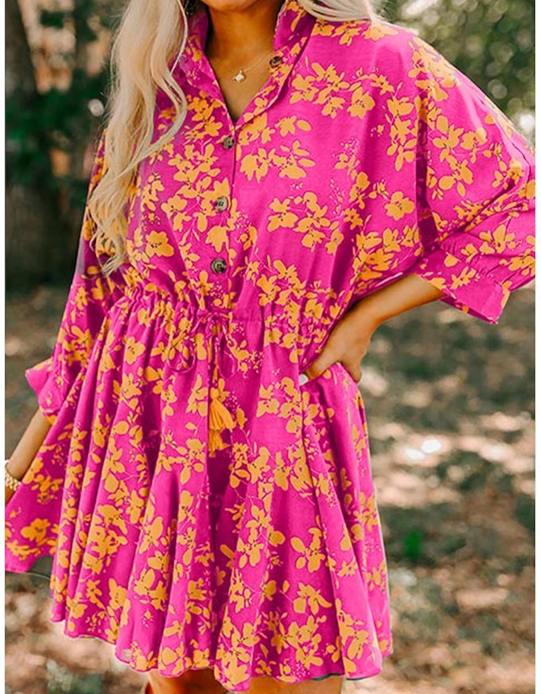 Pink Floral Print Drawstring Tunic Flowy Short Dress