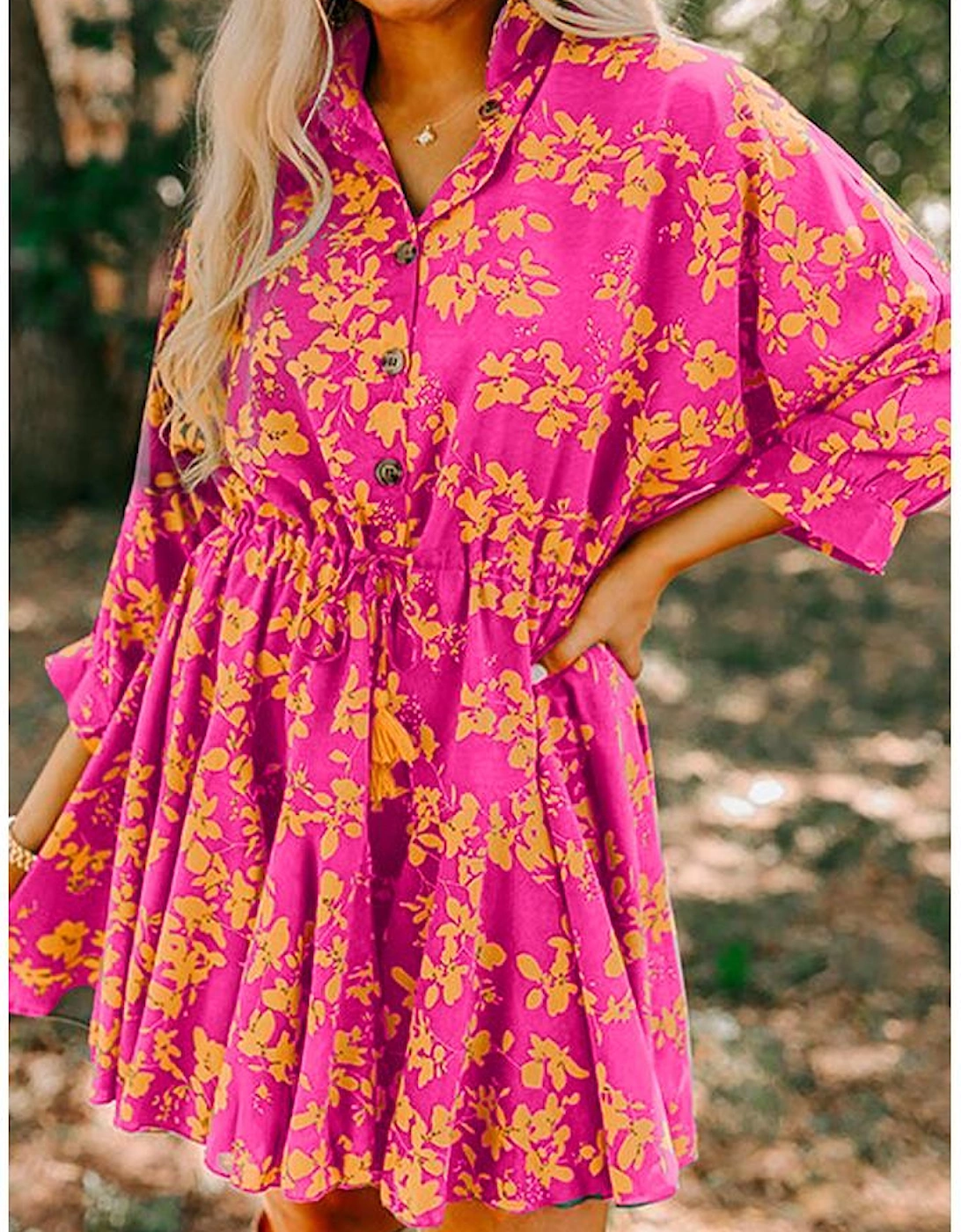 Pink Floral Print Drawstring Tunic Flowy Short Dress