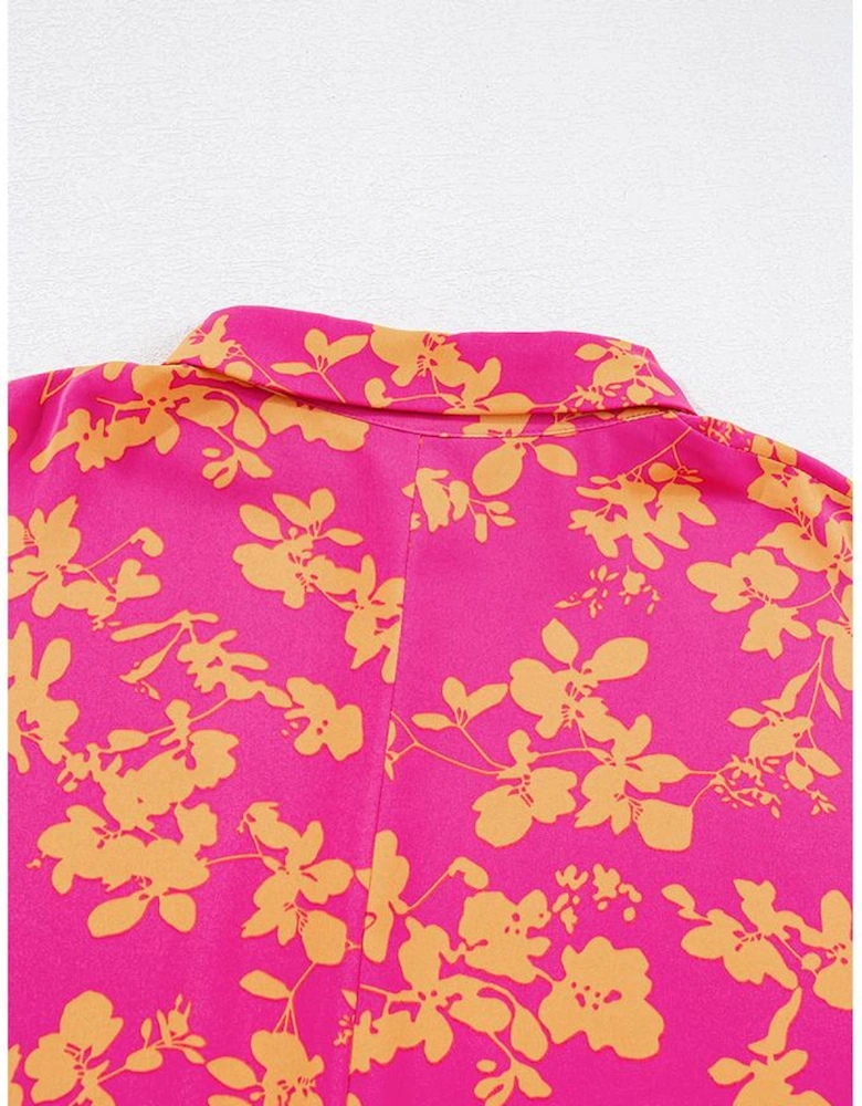 Pink Floral Print Drawstring Tunic Flowy Short Dress