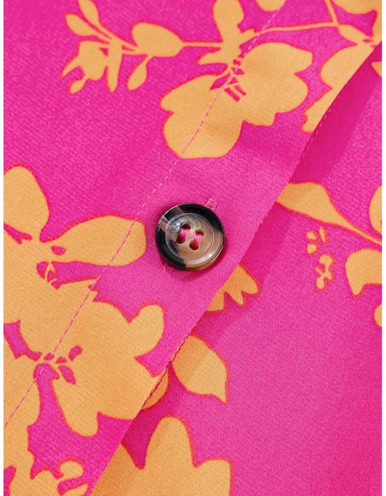 Pink Floral Print Drawstring Tunic Flowy Short Dress