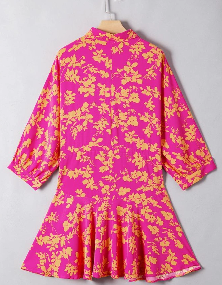 Pink Floral Print Drawstring Tunic Flowy Short Dress