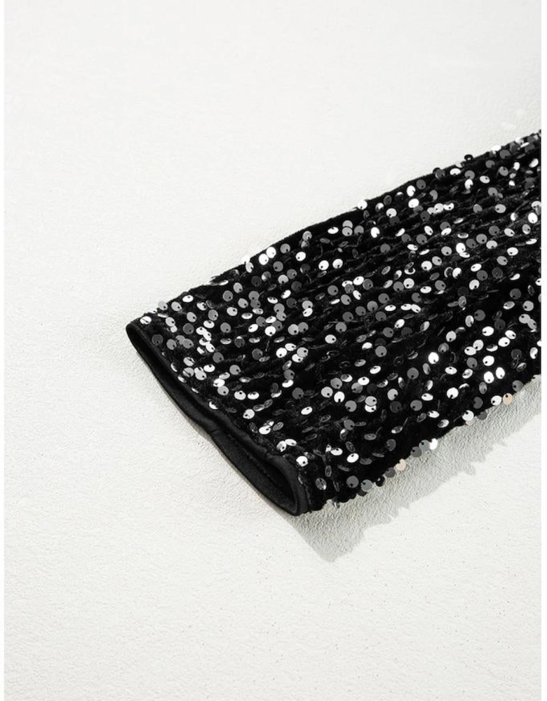 Black Sequined Open Front Cropped Jacket