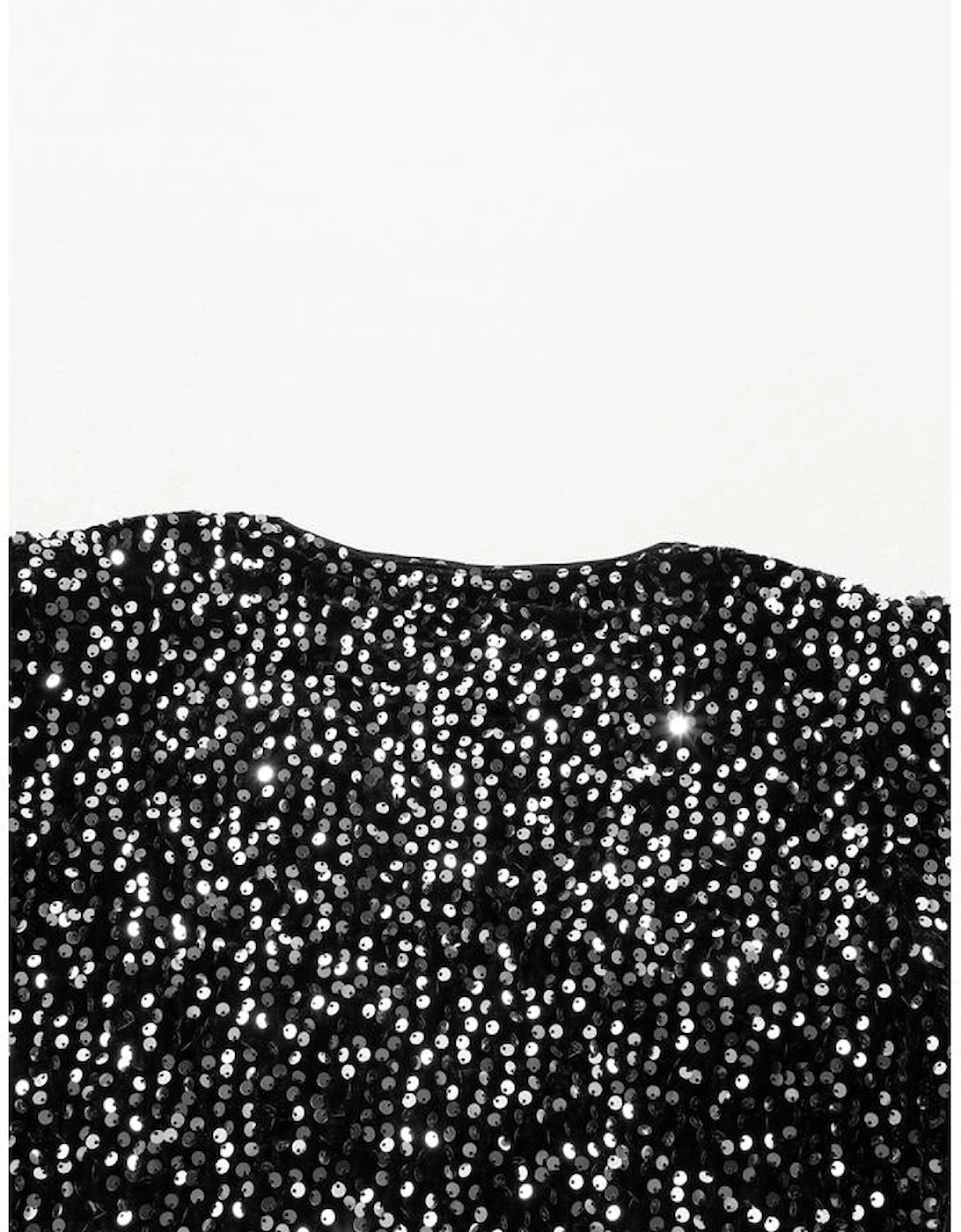 Black Sequined Open Front Cropped Jacket