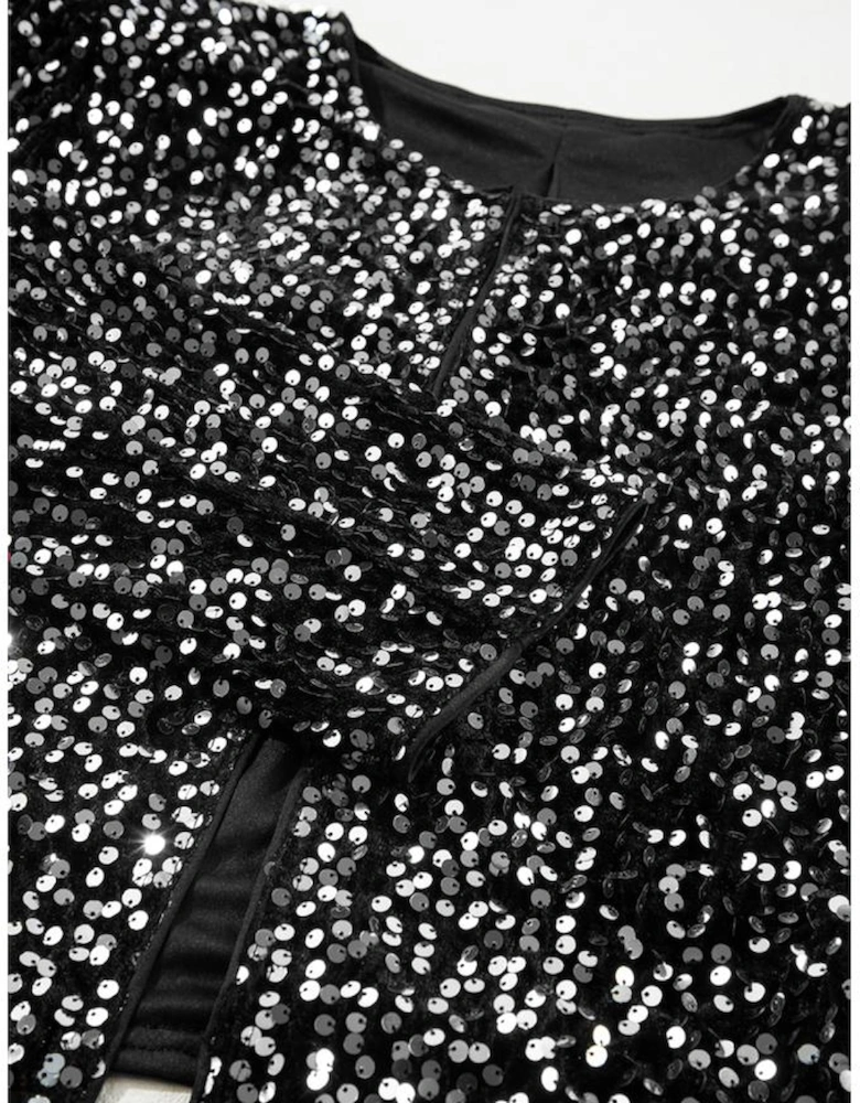 Black Sequined Open Front Cropped Jacket