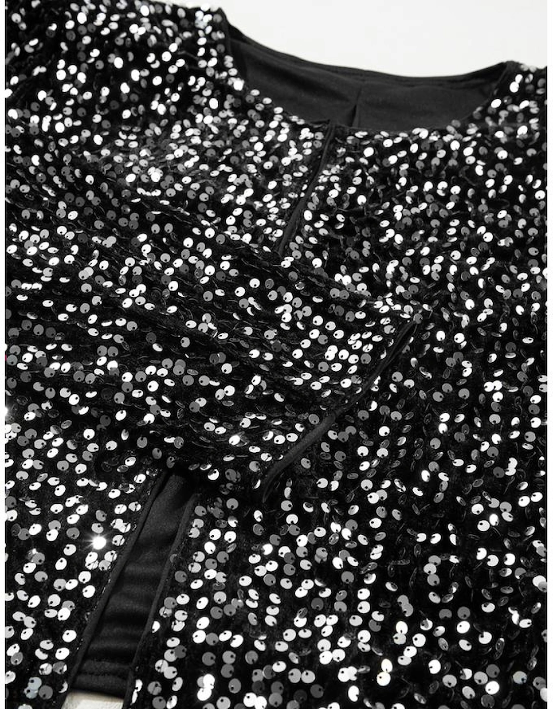 Black Sequined Open Front Cropped Jacket
