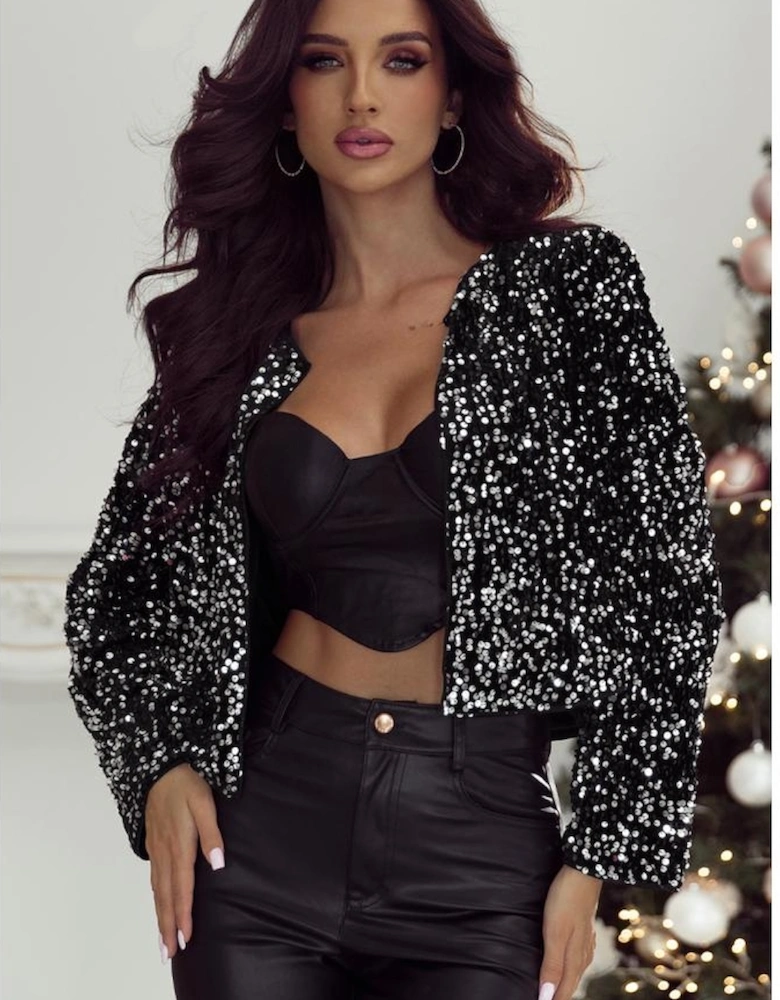 Black Sequined Open Front Cropped Jacket