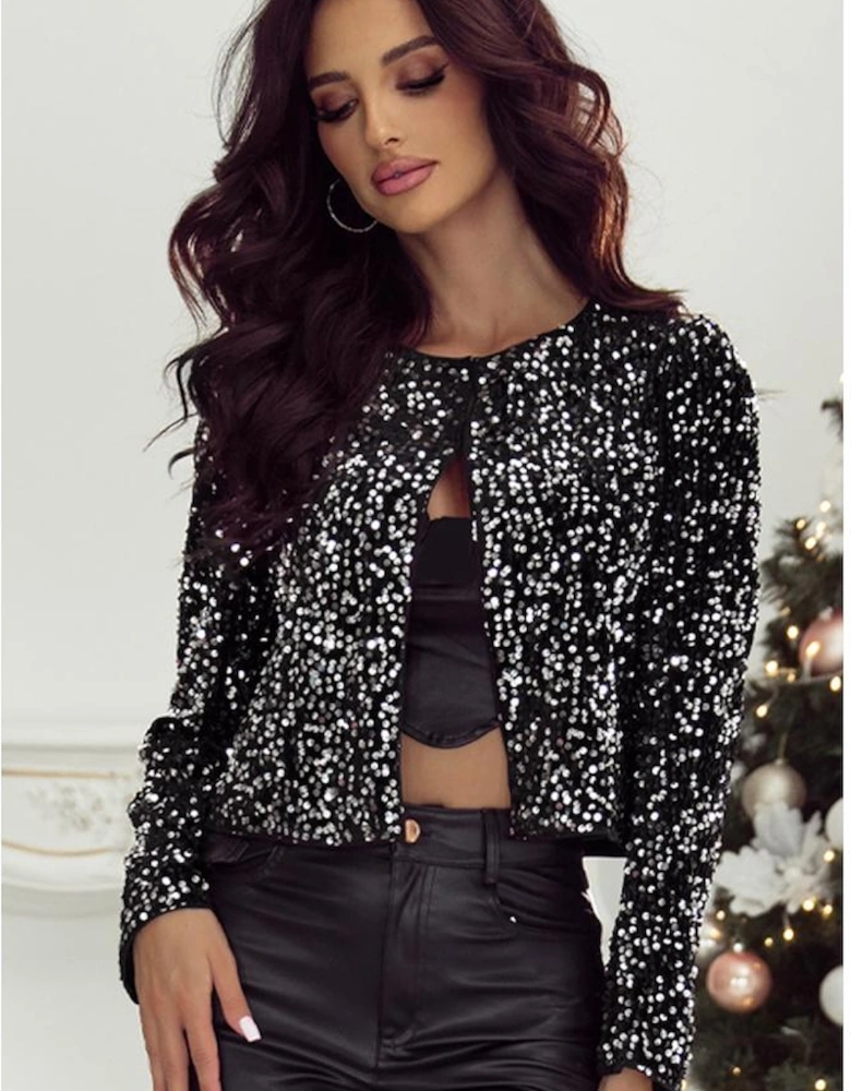 Black Sequined Open Front Cropped Jacket