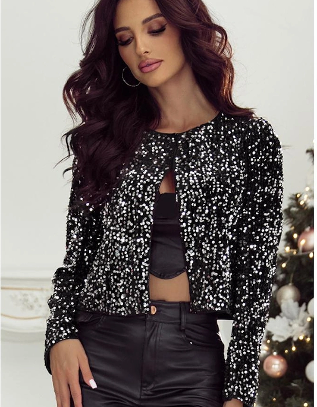 Black Sequined Open Front Cropped Jacket
