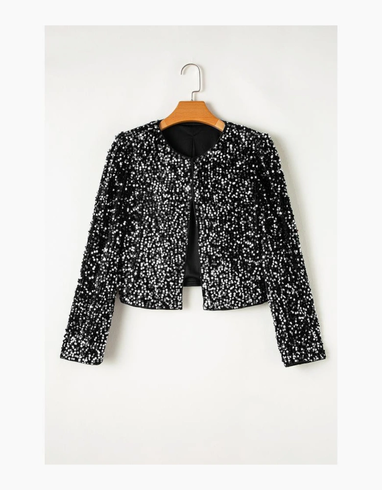 Black Sequined Open Front Cropped Jacket
