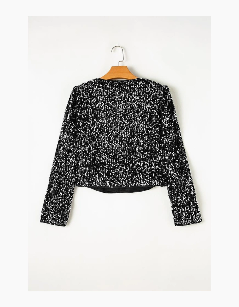 Black Sequined Open Front Cropped Jacket