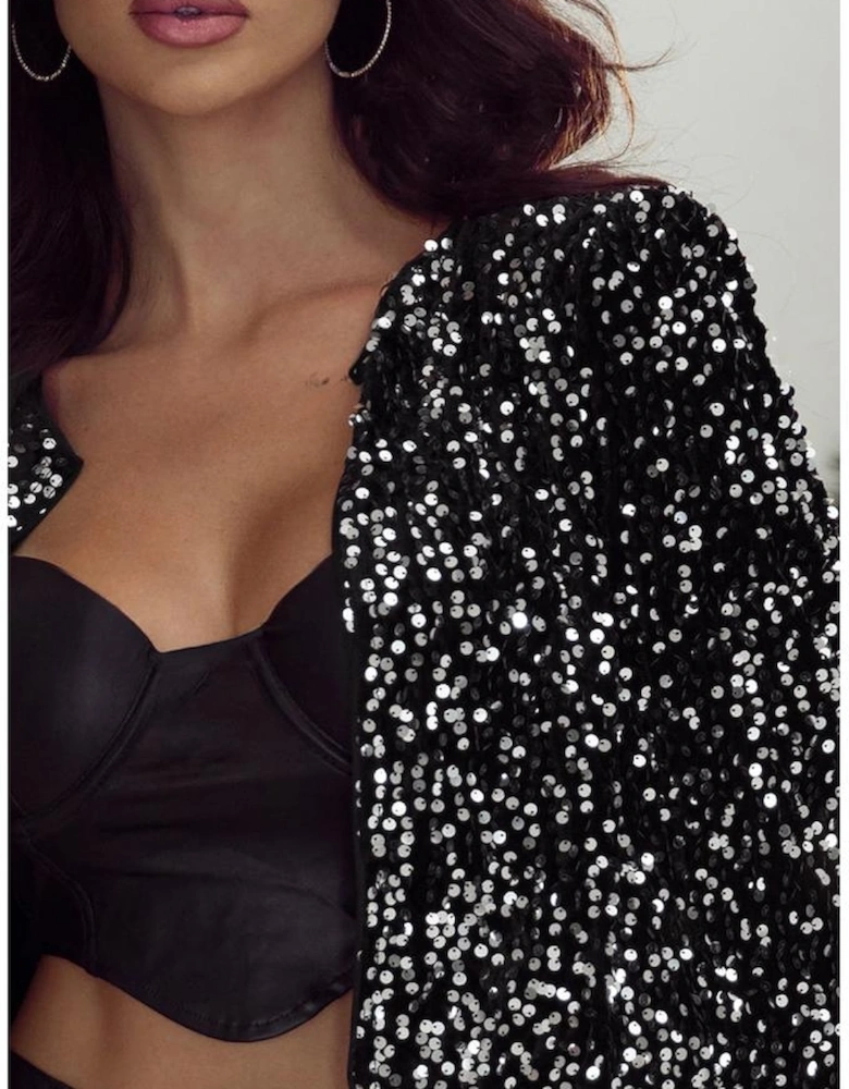 Black Sequined Open Front Cropped Jacket