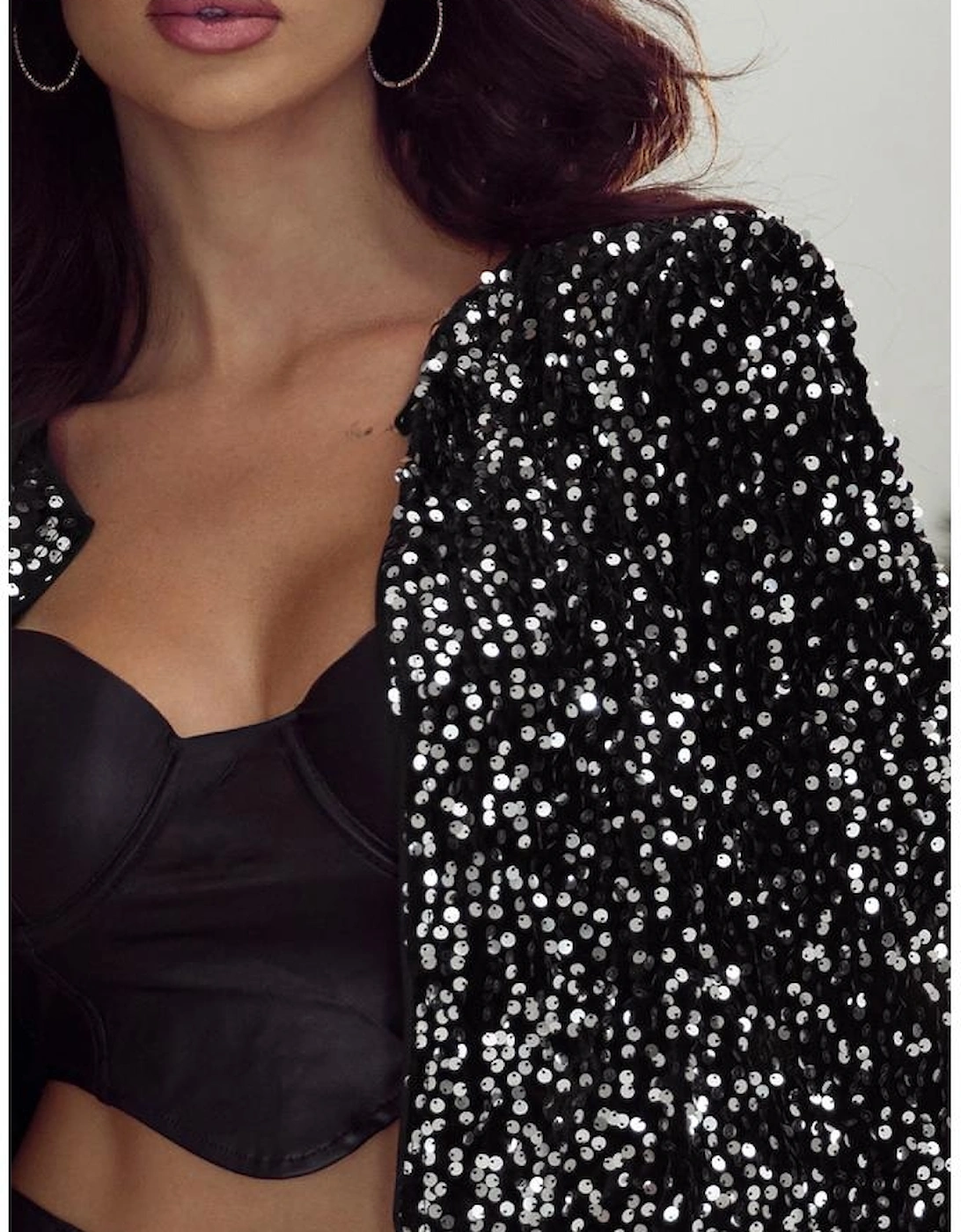 Black Sequined Open Front Cropped Jacket