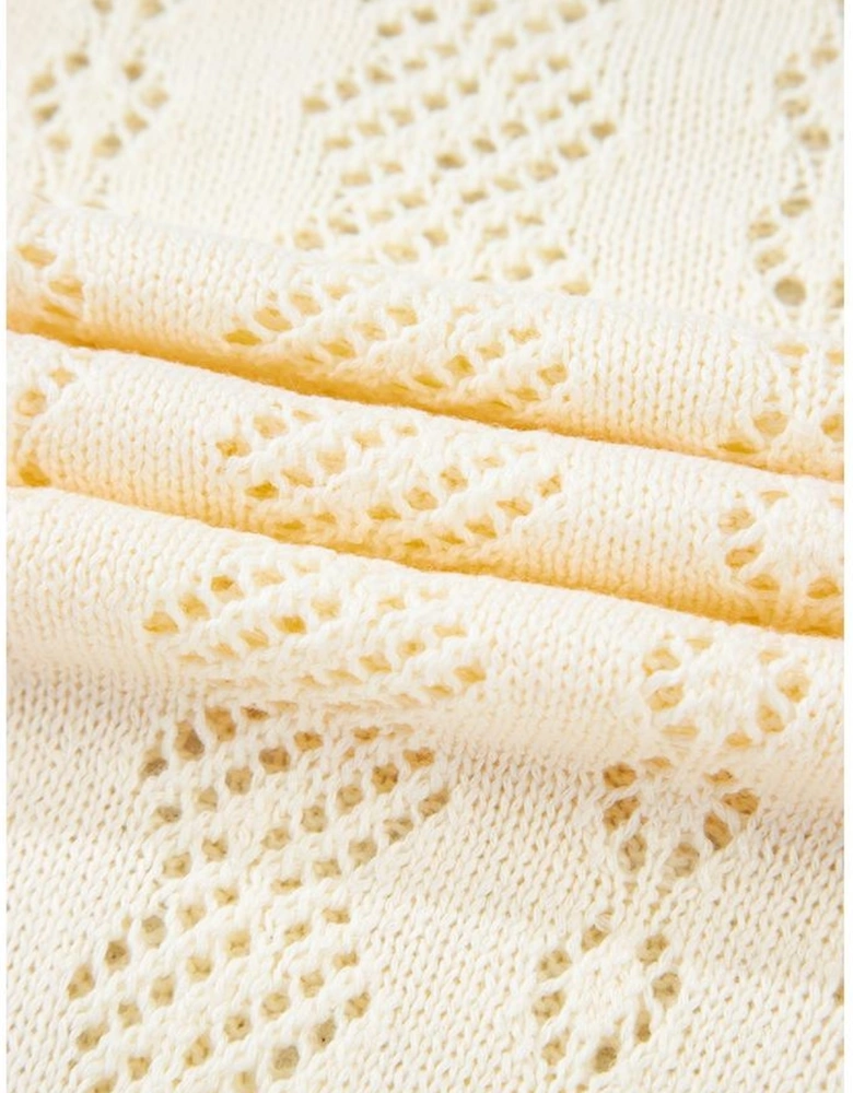 Beige Hollowed Pattern Knit Short Puff Sleeve Sweater