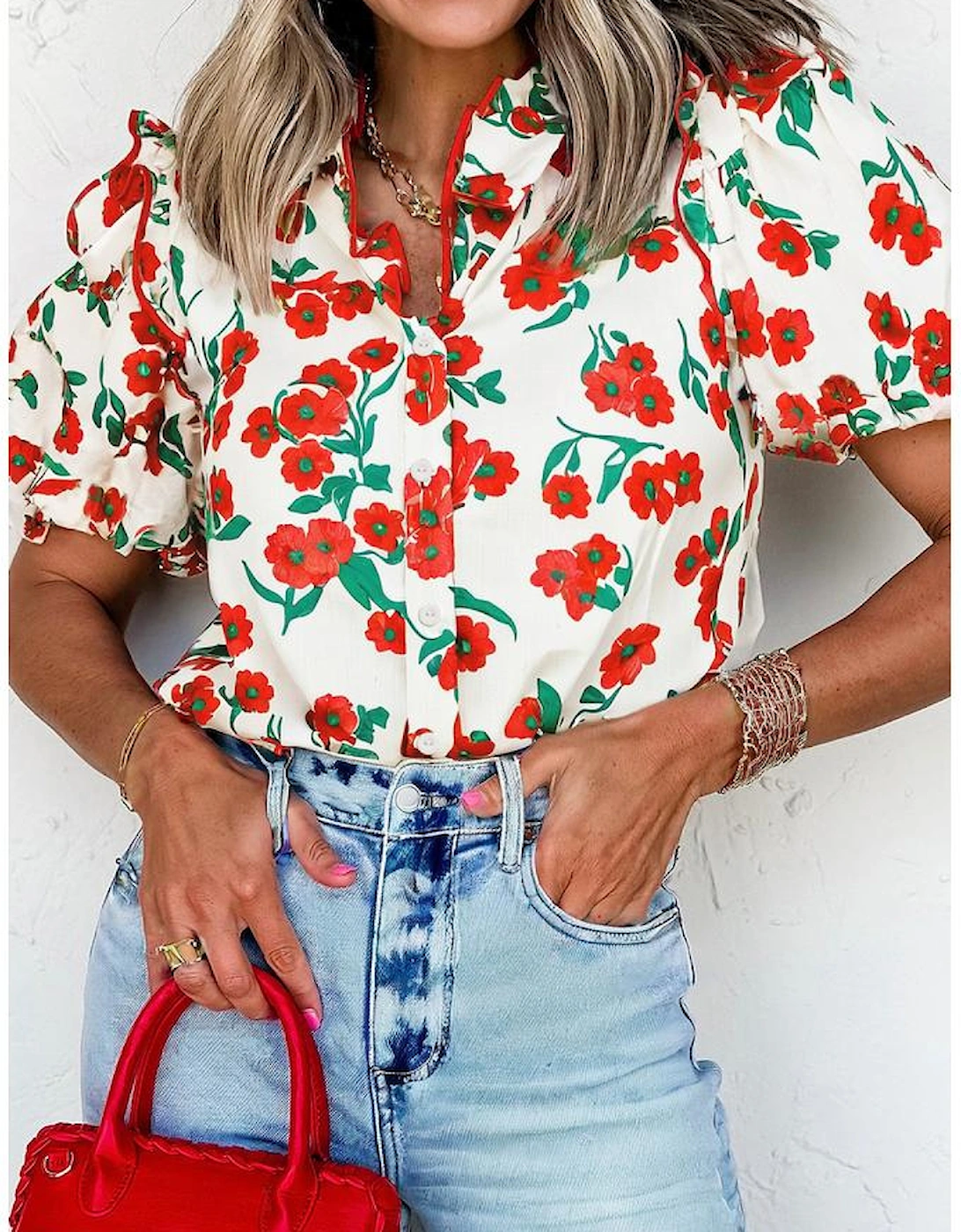 Red Floral Print Ruffled Puff Sleeve Elegant Summer Shirt