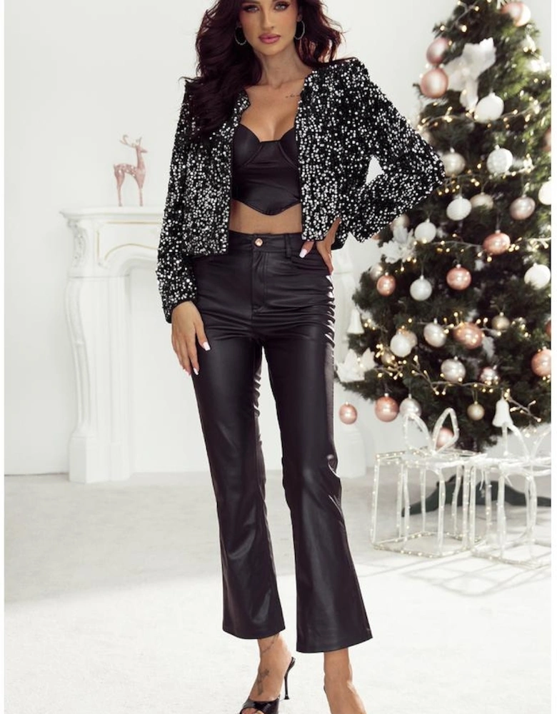 Black Sequined Open Front Cropped Jacket