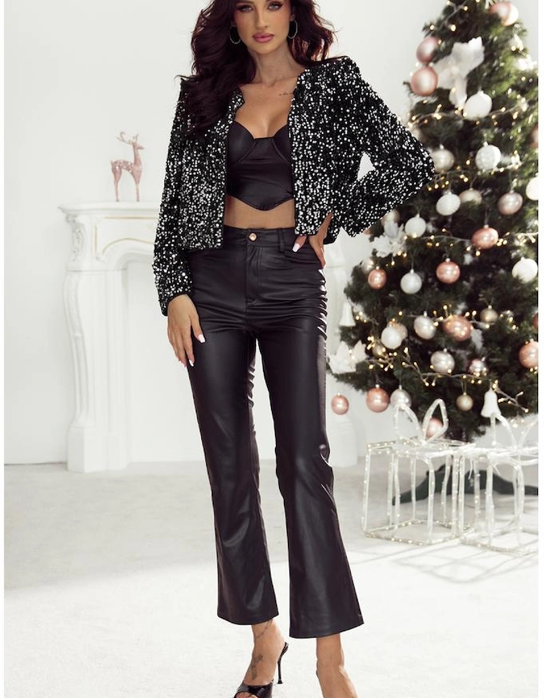 Black Sequined Open Front Cropped Jacket