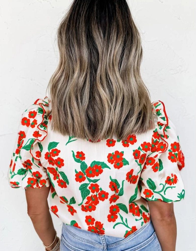 Red Floral Print Ruffled Puff Sleeve Elegant Summer Shirt