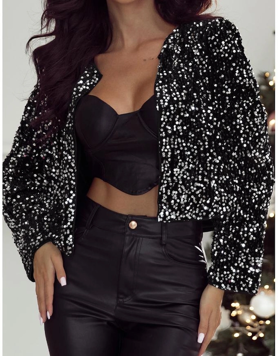 Black Sequined Open Front Cropped Jacket