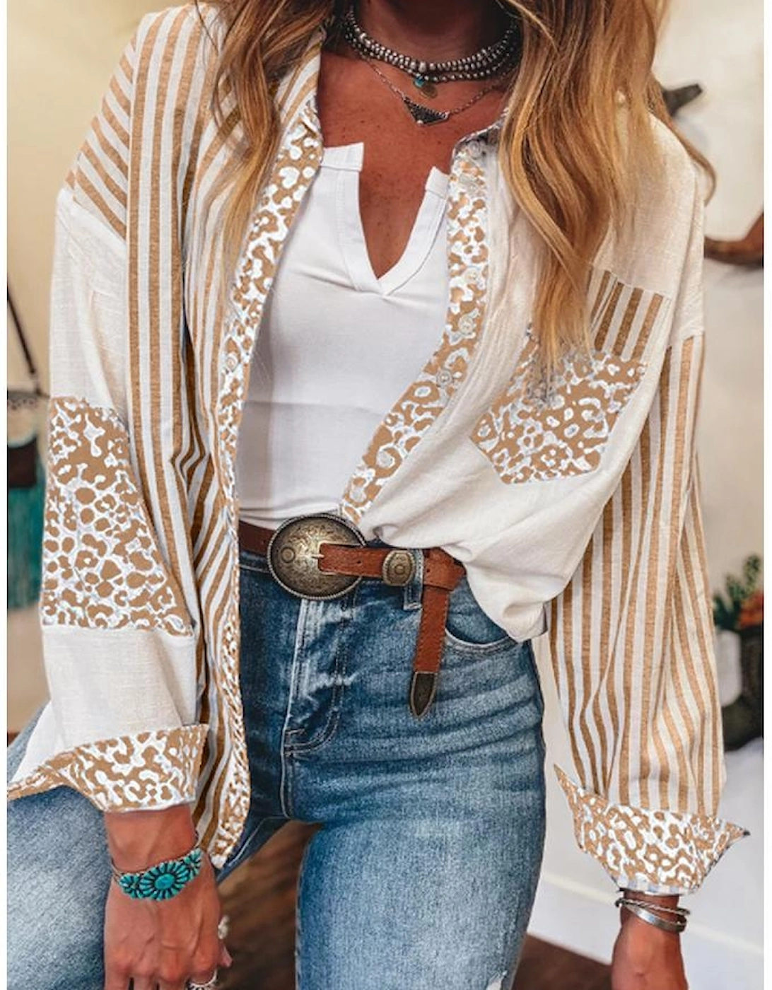 Khaki Leopard Striped Western Casual Shirt