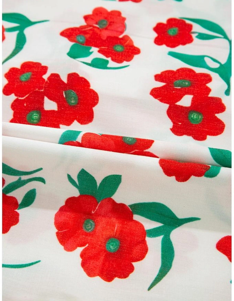 Red Floral Print Ruffled Puff Sleeve Elegant Summer Shirt