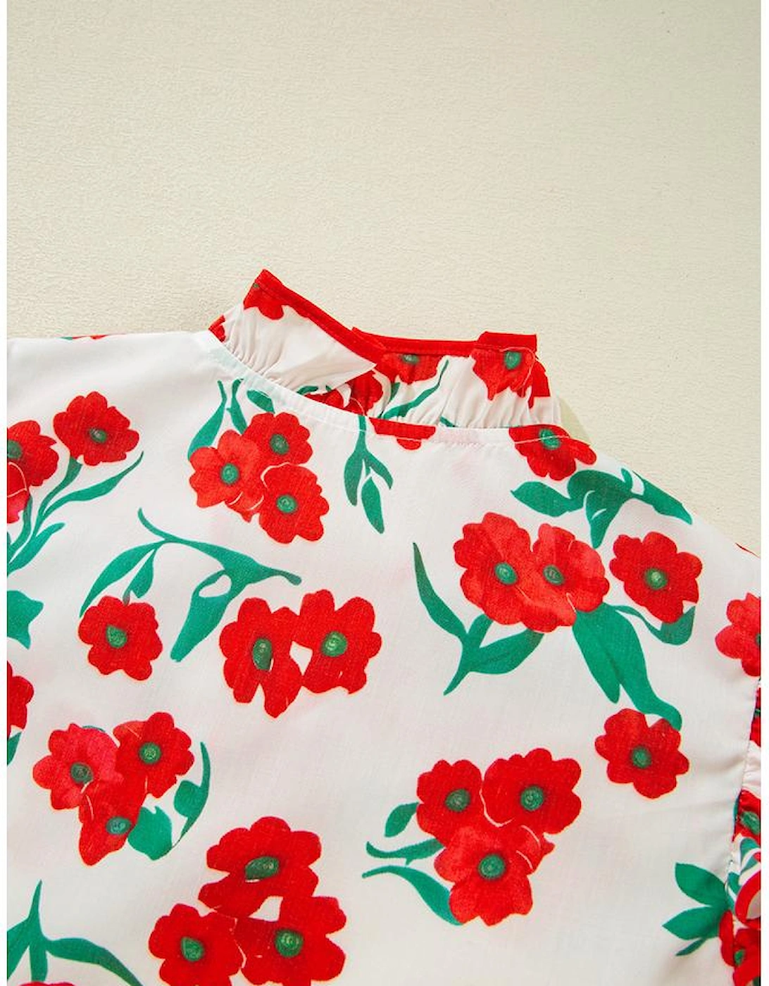 Red Floral Print Ruffled Puff Sleeve Elegant Summer Shirt