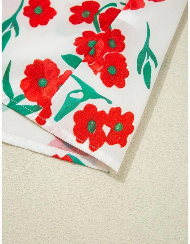 Red Floral Print Ruffled Puff Sleeve Elegant Summer Shirt