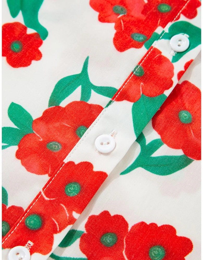 Red Floral Print Ruffled Puff Sleeve Elegant Summer Shirt