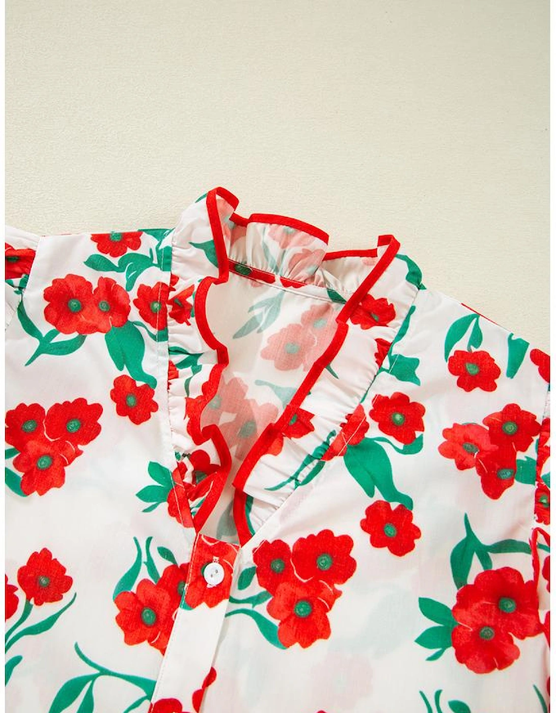 Red Floral Print Ruffled Puff Sleeve Elegant Summer Shirt